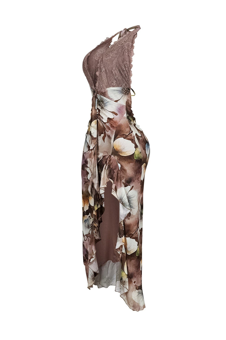 Fariah Print Lace Halter Ruffle Maxi Dress