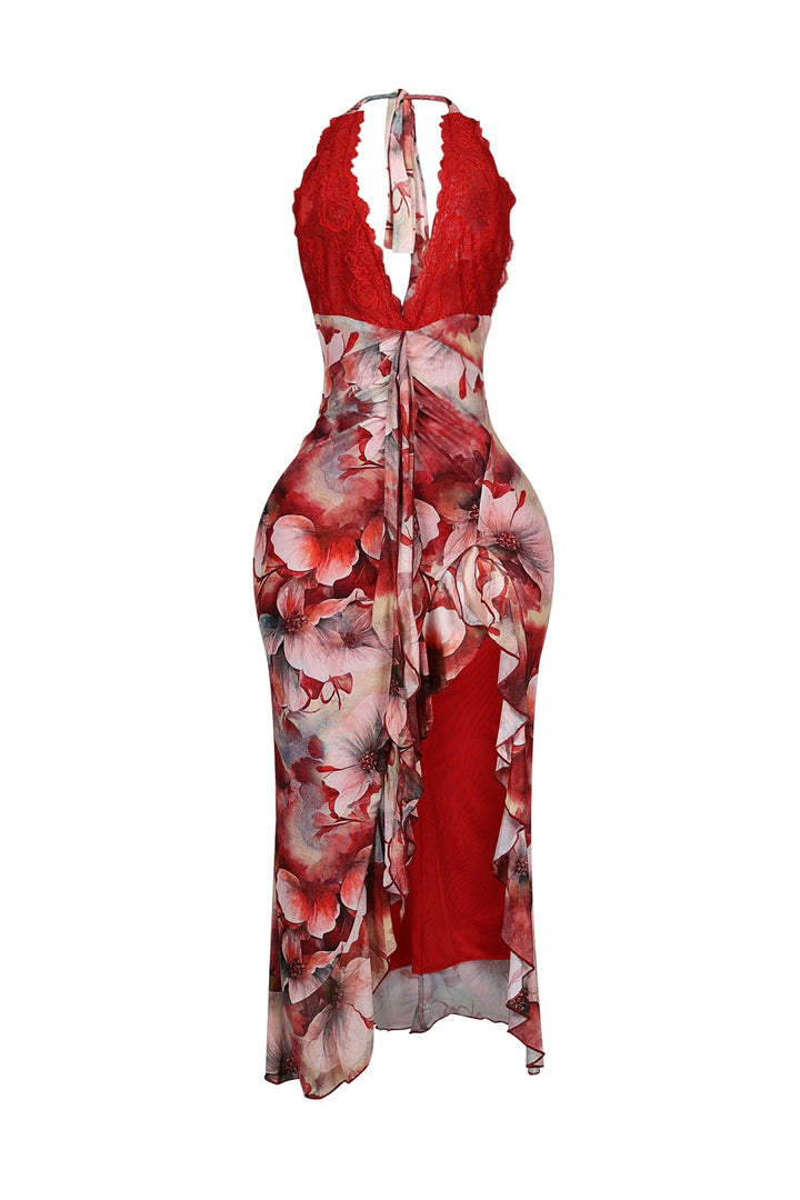 Fariah Print Lace Halter Ruffle Maxi Dress