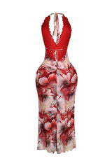 Fariah Print Lace Halter Ruffle Maxi Dress