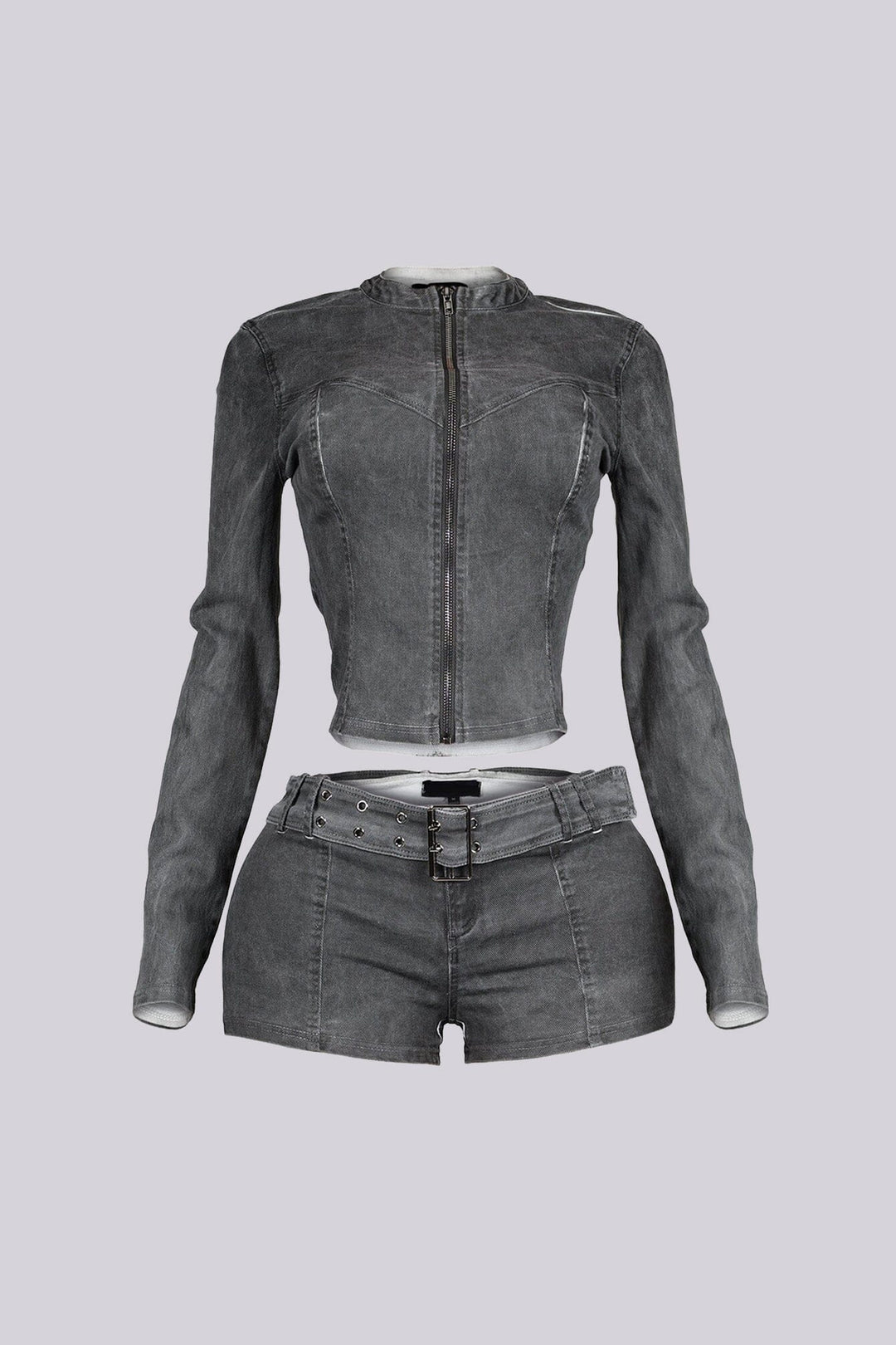 Koryn Washed Denim Zip Up Top &amp; Shorts SET