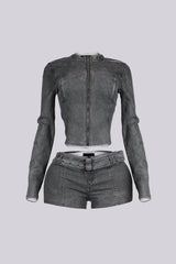 Koryn Washed Denim Zip Up Top &amp; Shorts SET