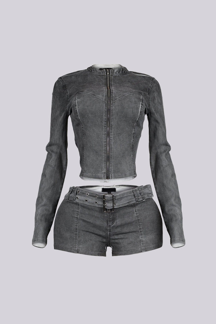 Koryn Washed Denim Zip Up Top &amp; Shorts SET