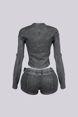 Koryn Washed Denim Zip Up Top &amp; Shorts SET