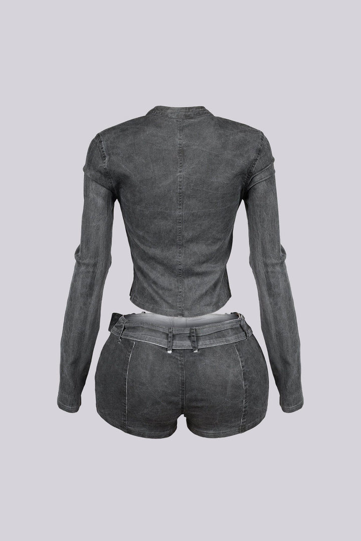 Koryn Washed Denim Zip Up Top &amp; Shorts SET