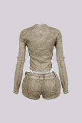 Koryn Washed Denim Zip Up Top &amp; Shorts SET