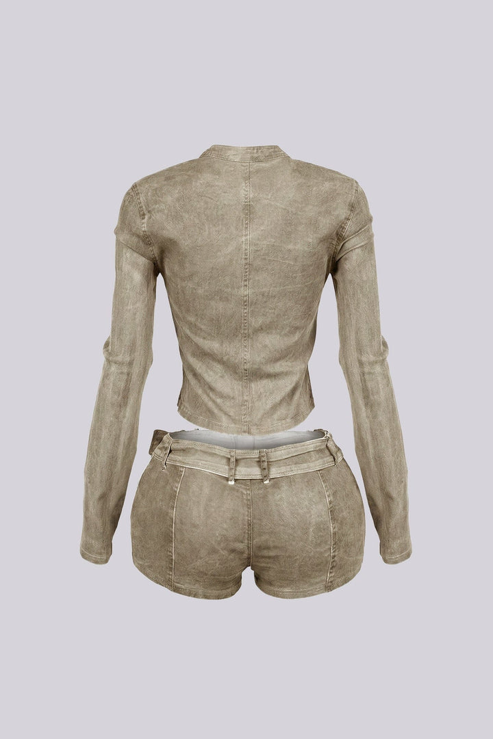 Koryn Washed Denim Zip Up Top &amp; Shorts SET