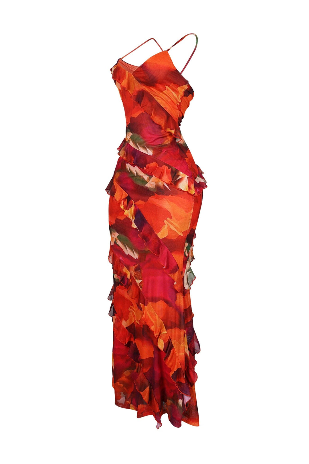 Jody Mesh Print Ruffle Maxi Dress