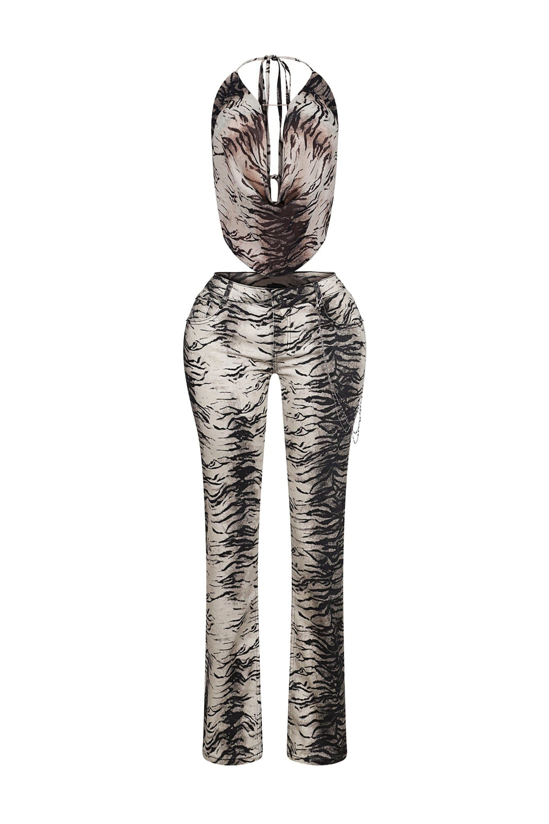 Lowen Zebra Print Halter Top &amp; Denim Pants SET