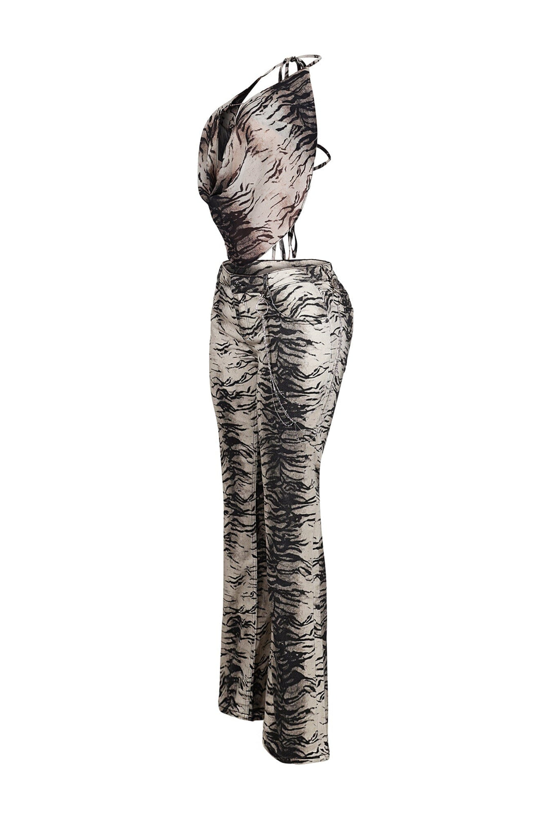 Lowen Zebra Print Halter Top &amp; Denim Pants SET