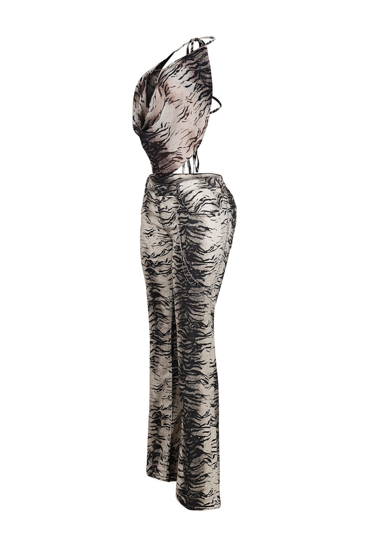 Lowen Zebra Print Halter Top &amp; Denim Pants SET
