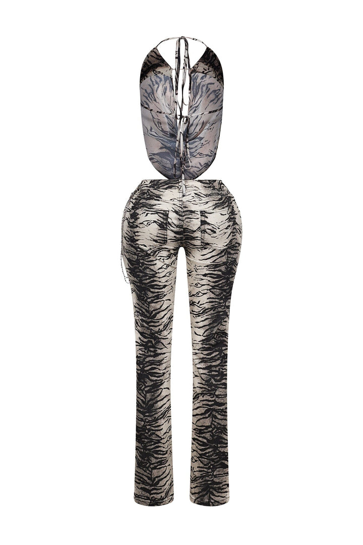 Lowen Zebra Print Halter Top &amp; Denim Pants SET