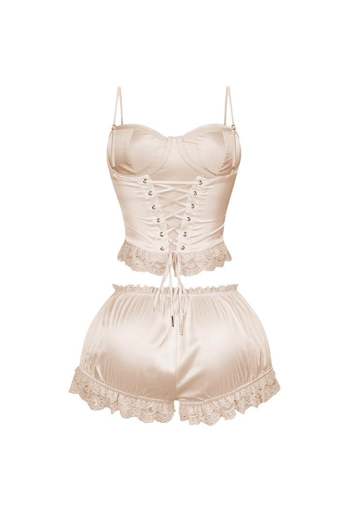 Zeeba Satin Corset Lace Up Top &amp; Shorts SET
