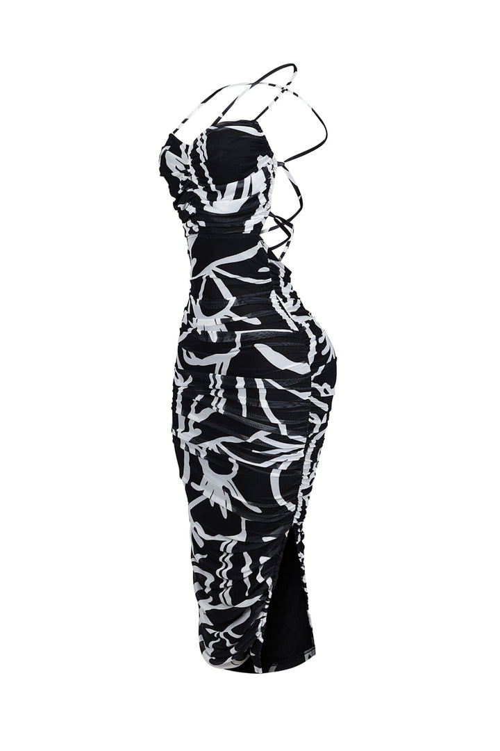 Cinna Mesh Print Ruched Midi Dress