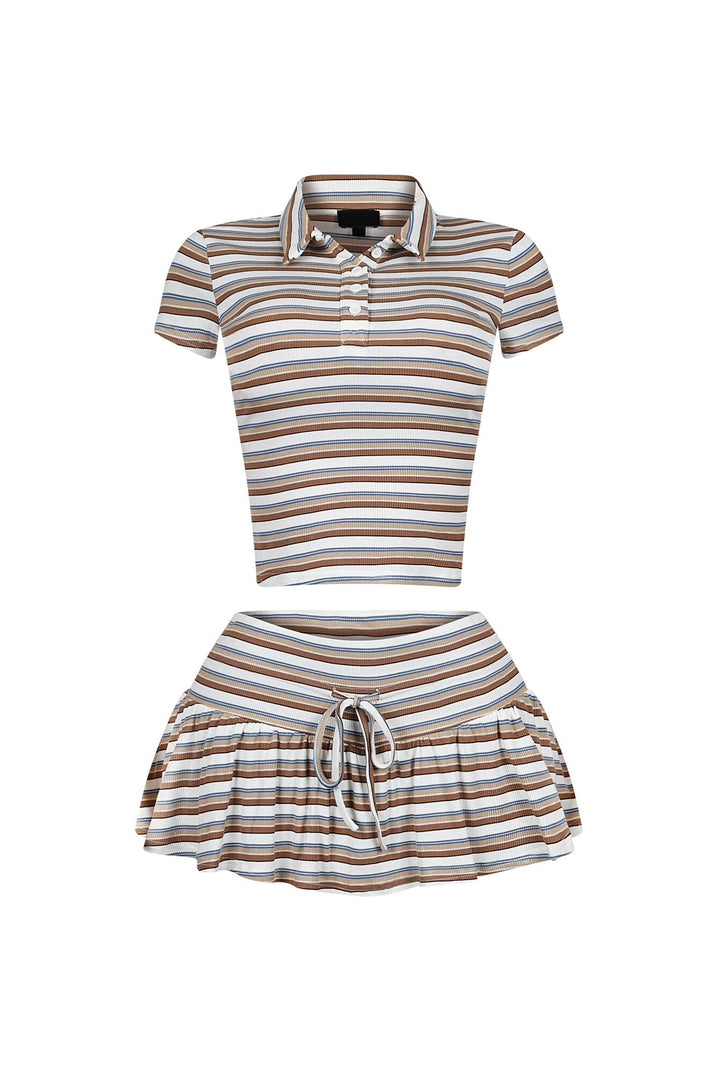 Dennet Striped Button Collar Top &amp; Skirt SET