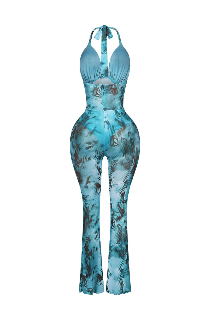 Seductive Mesh Cutout Halter Jumpsuit