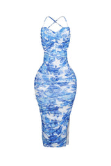 Ruched Floral Print Open Back Midi Dress