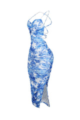 Ruched Floral Print Open Back Midi Dress