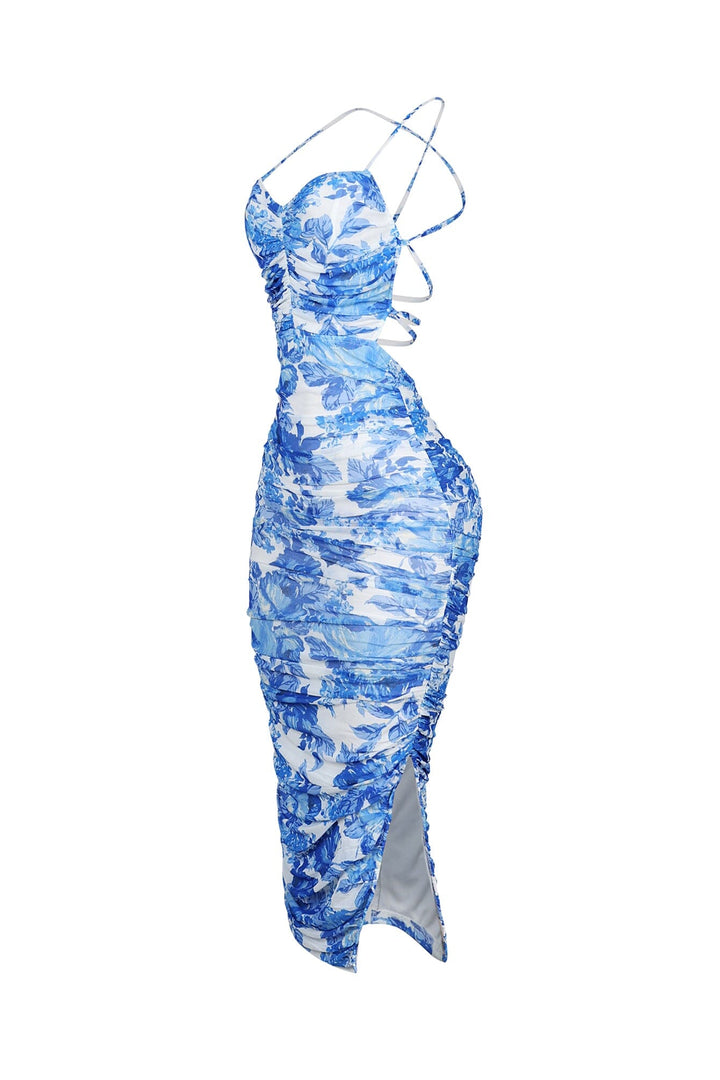Ruched Floral Print Open Back Midi Dress