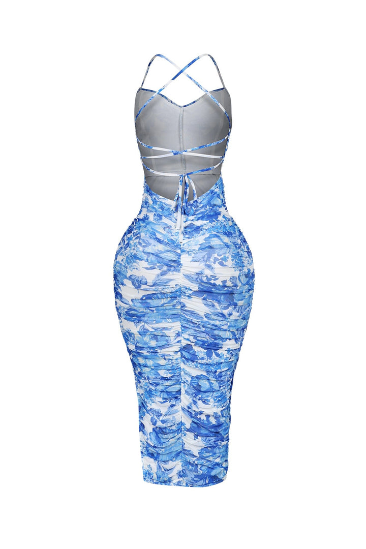 Ruched Floral Print Open Back Midi Dress