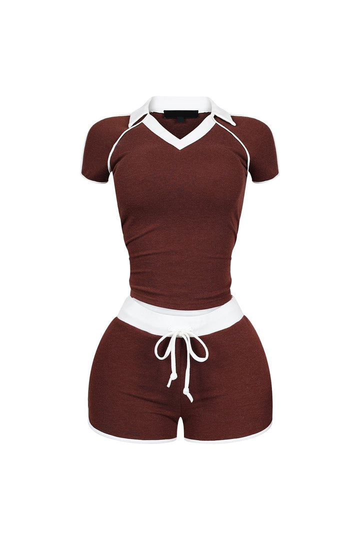 Yumi Contrast Piping Collared Top &amp; Shorts SET