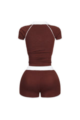 Yumi Contrast Piping Collared Top &amp; Shorts SET