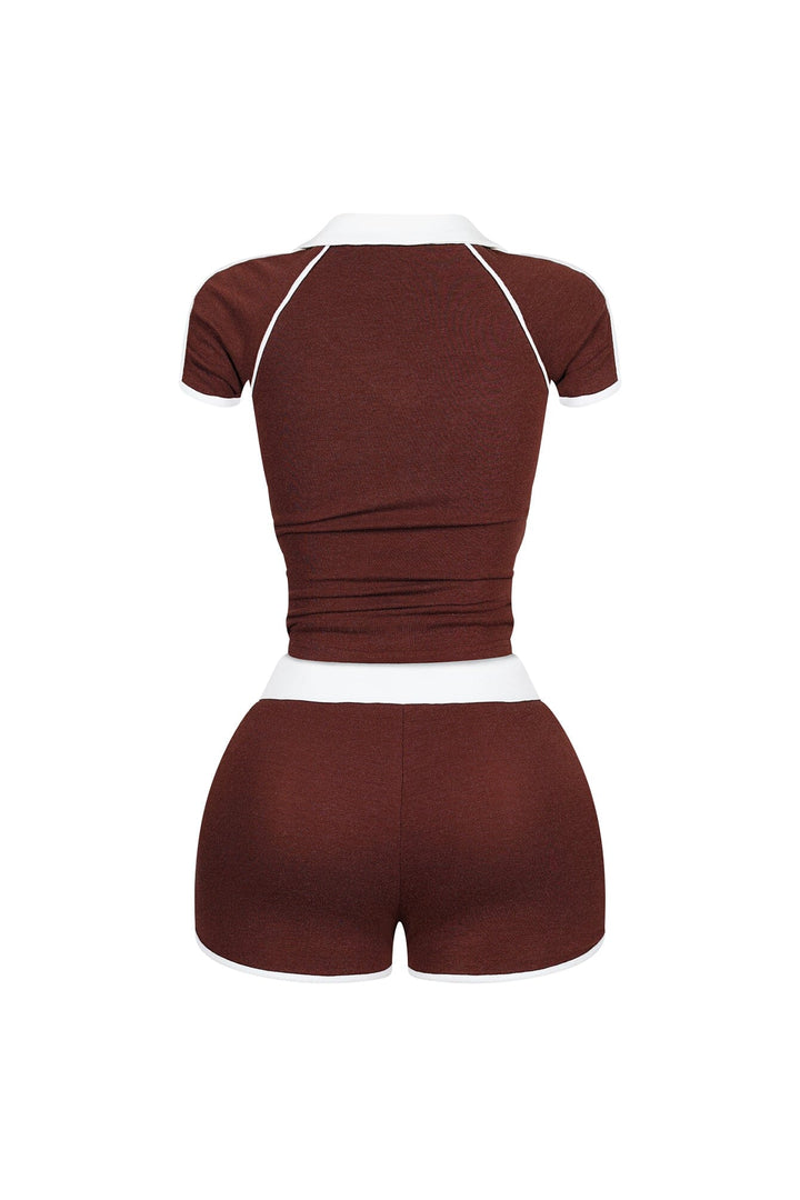 Yumi Contrast Piping Collared Top &amp; Shorts SET