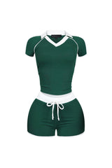 Yumi Contrast Piping Collared Top &amp; Shorts SET