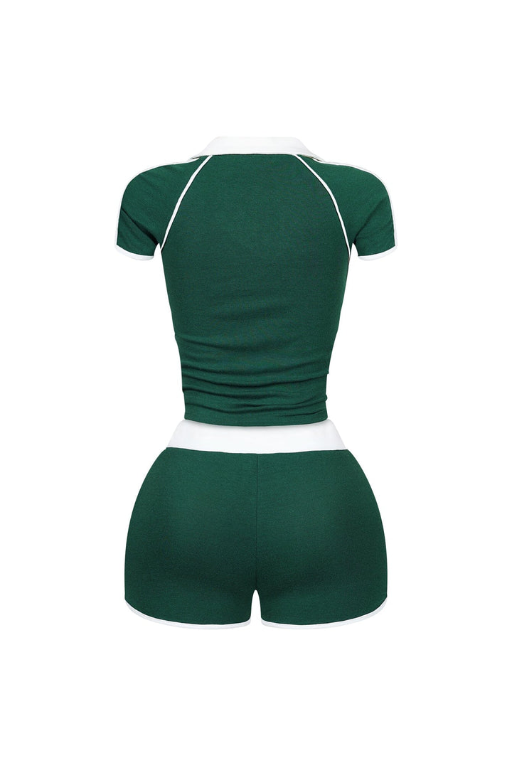Yumi Contrast Piping Collared Top &amp; Shorts SET