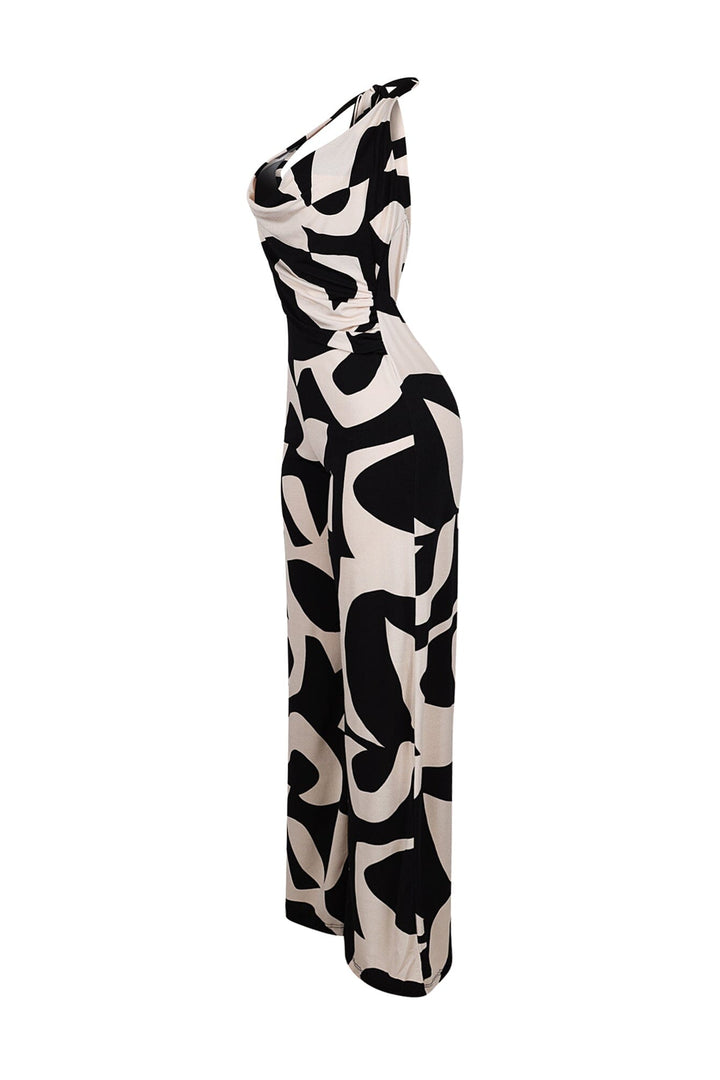 Chic Mesh Printed Cowl Neck Jumpsuit
