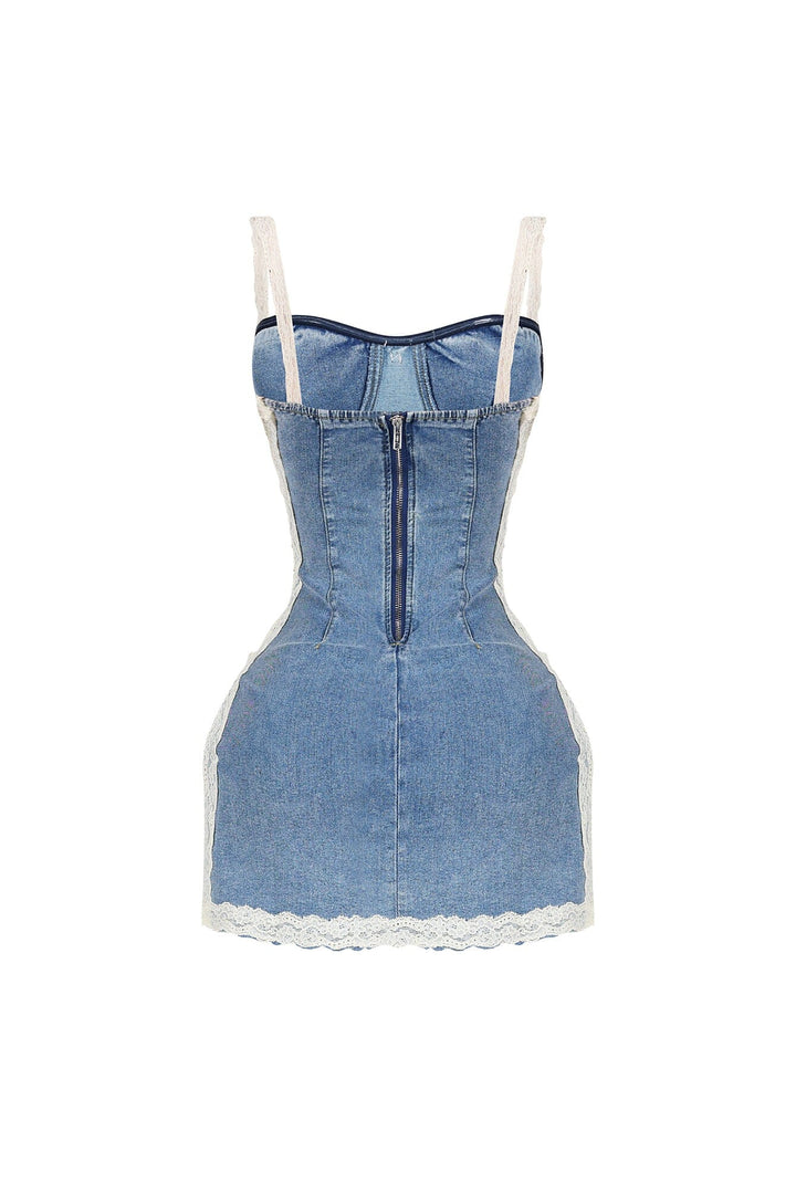 Jezebel Denim Mini Dress With Lace Trim – EDGE