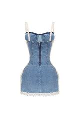 Jezebel Denim Mini Dress With Lace Trim