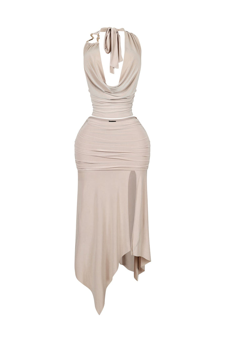 Caroline Gold Metallic Cowl Neck Top &amp; Skirt SET