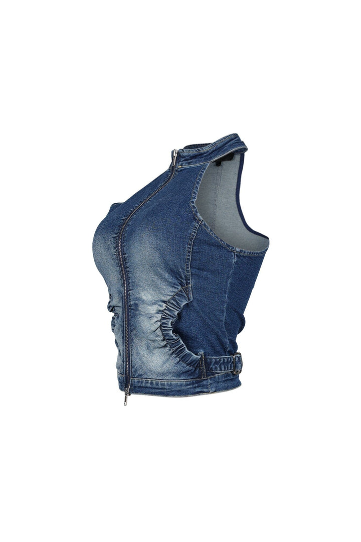 Indigoa Denim Halter Neck Zip Up Top