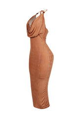 Truffle Slinky Cowl Neck Halter Midi Dress