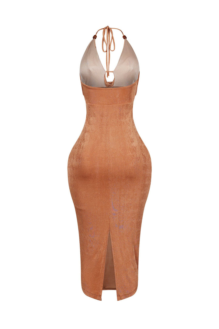 Truffle Slinky Cowl Neck Halter Midi Dress