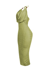 Truffle Slinky Cowl Neck Halter Midi Dress