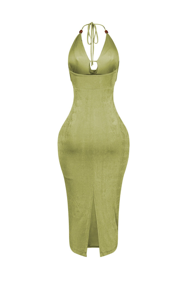 Truffle Slinky Cowl Neck Halter Midi Dress