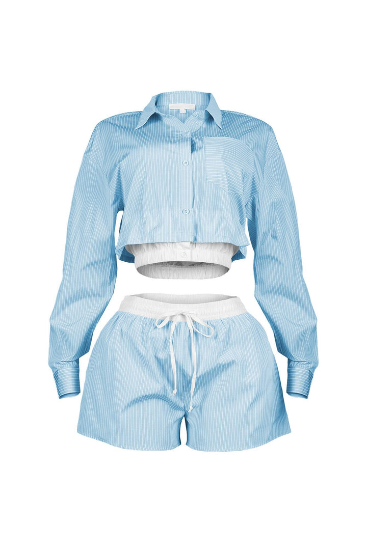 Wesley Pin Stripe Collared Top &amp; Shorts SET