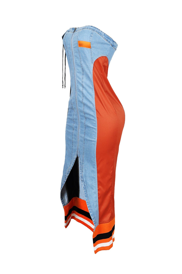 Raw Edge Color Blocked Denim Midi Dress