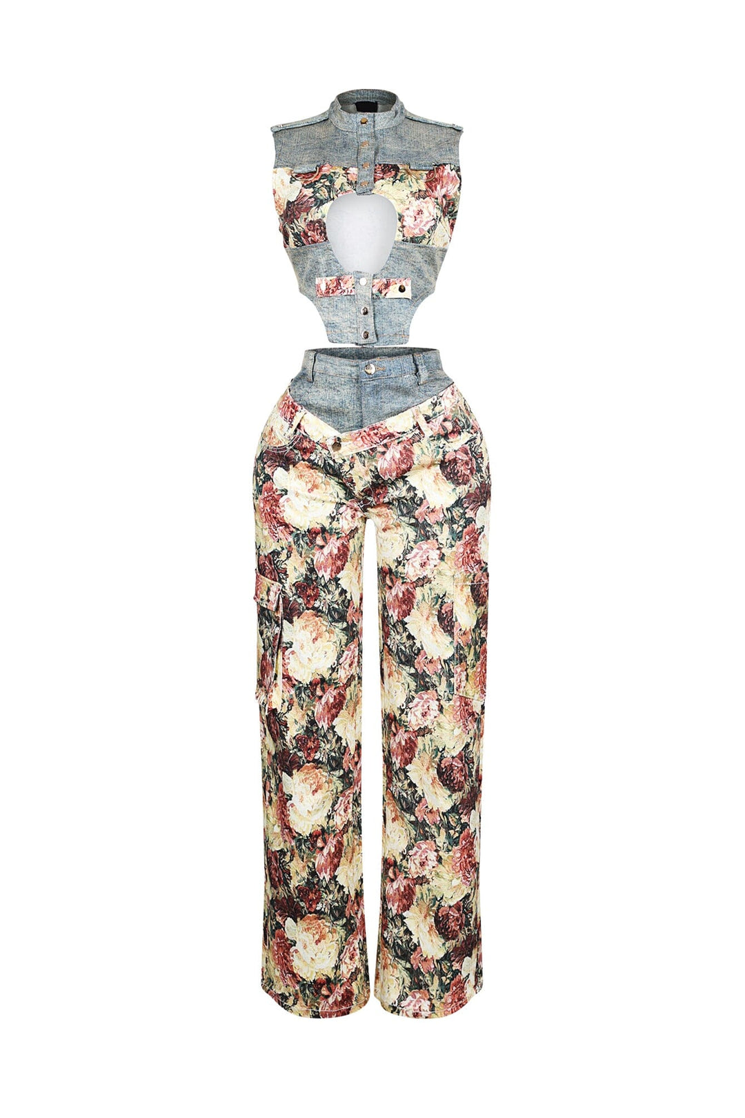Shaka Denim Floral Contrast Top &amp; Pants SET