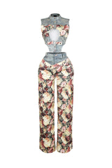 Shaka Denim Floral Contrast Top &amp; Pants SET
