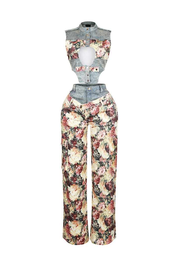Shaka Denim Floral Contrast Top &amp; Pants SET