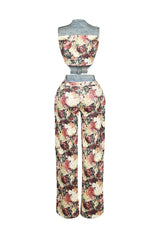 Shaka Denim Floral Contrast Top &amp; Pants SET