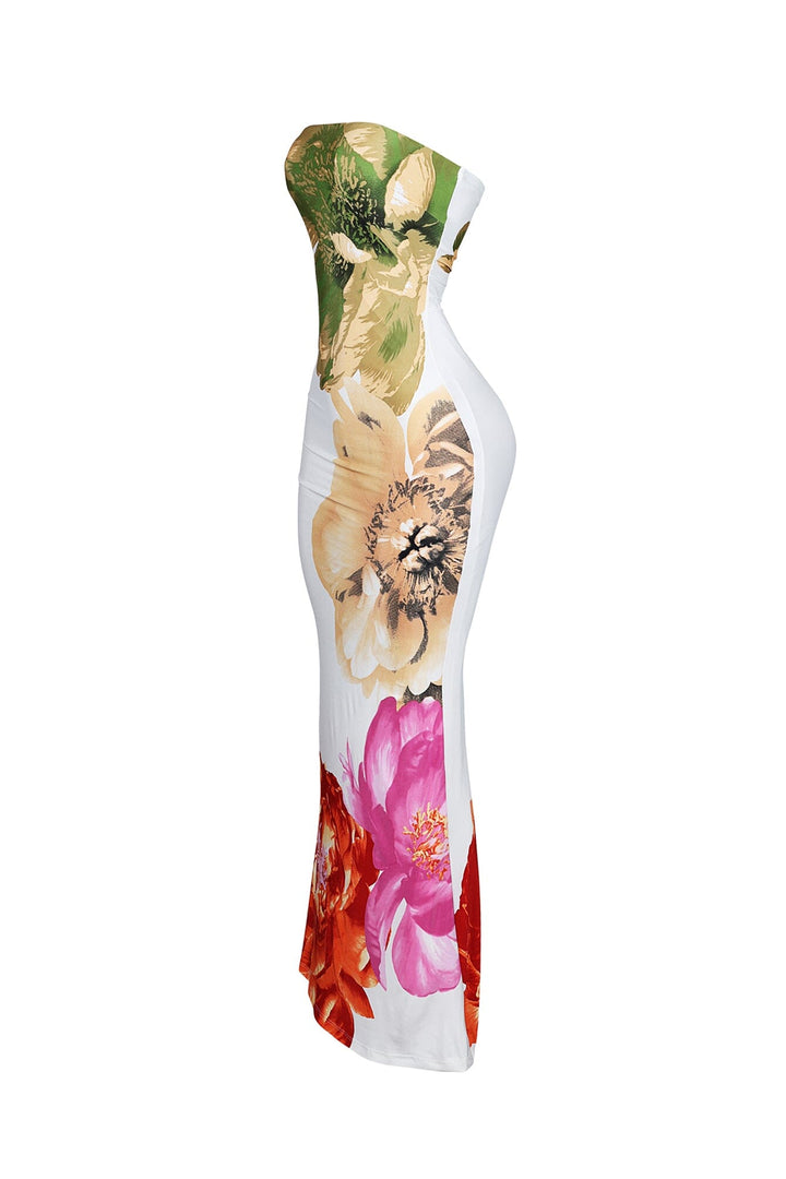 Citrus Floral Print Tube Maxi Dress