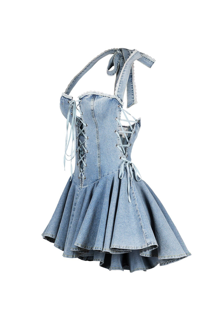 Bluebell Lace Up Denim Halter Mini Dress