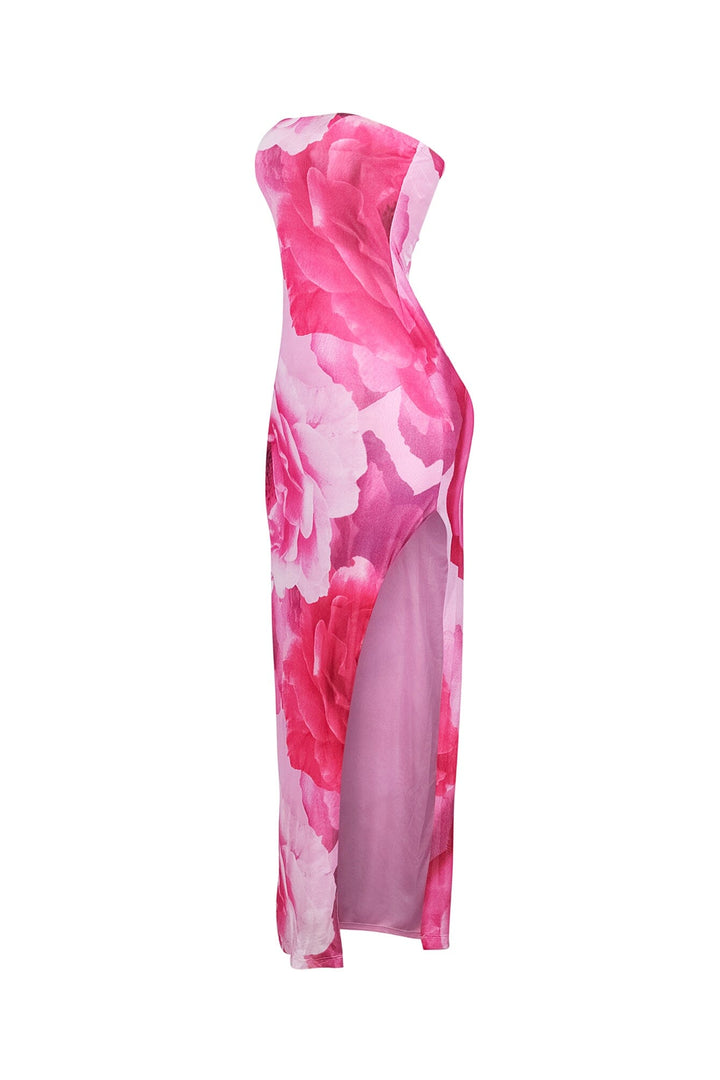 Floral print bodycon tube top maxi dress featuring high side slit