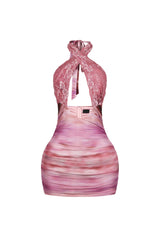 Noeline Mesh Print Lace Halter Mini Dress