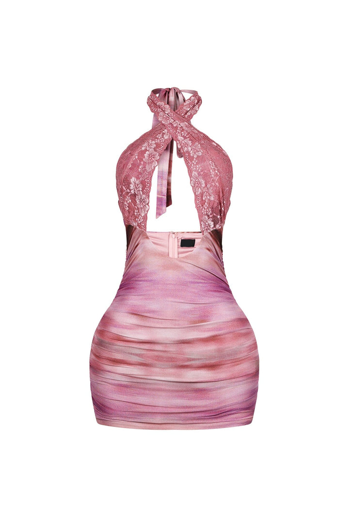 Noeline Mesh Print Lace Halter Mini Dress