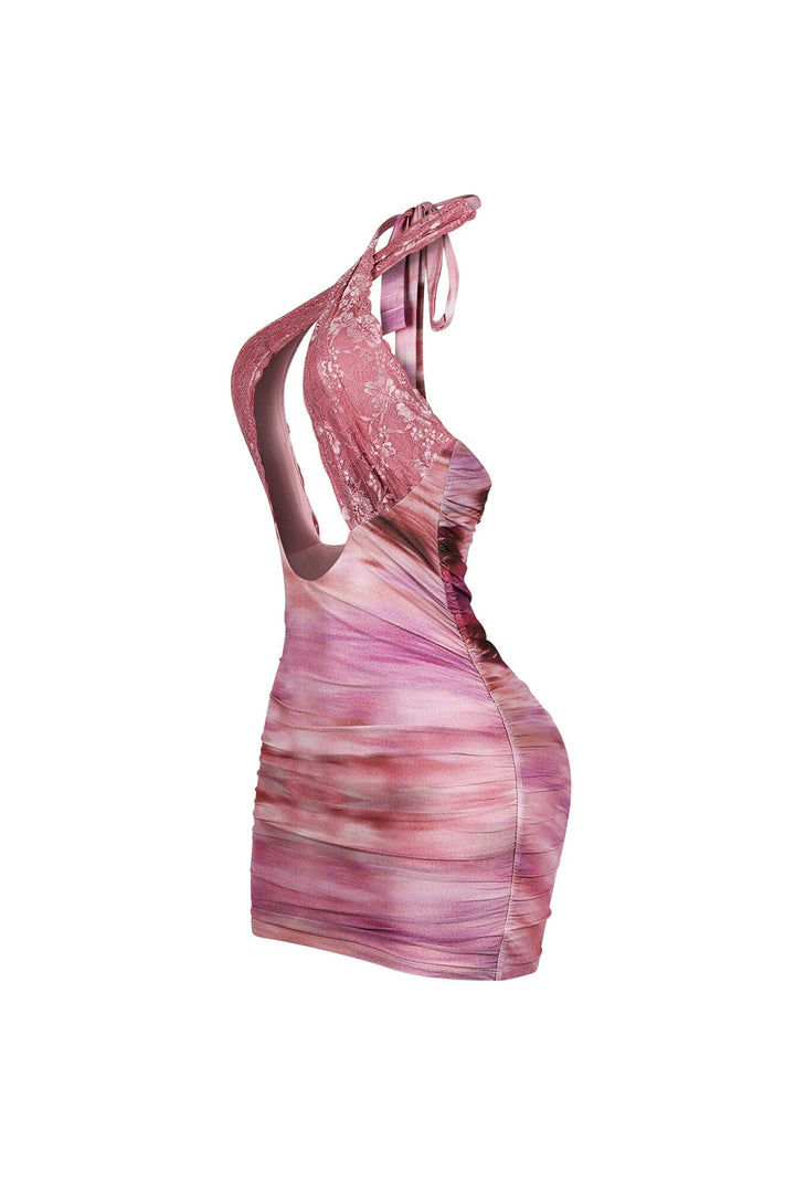 Noeline Mesh Print Lace Halter Mini Dress