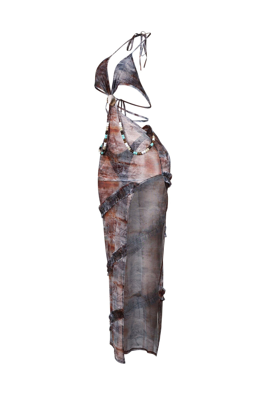 Beaded Seashell Mesh Halter Maxi Dress